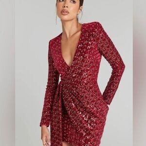 NADINE MERABI Burgundy Sequin Long Sleeve Dress